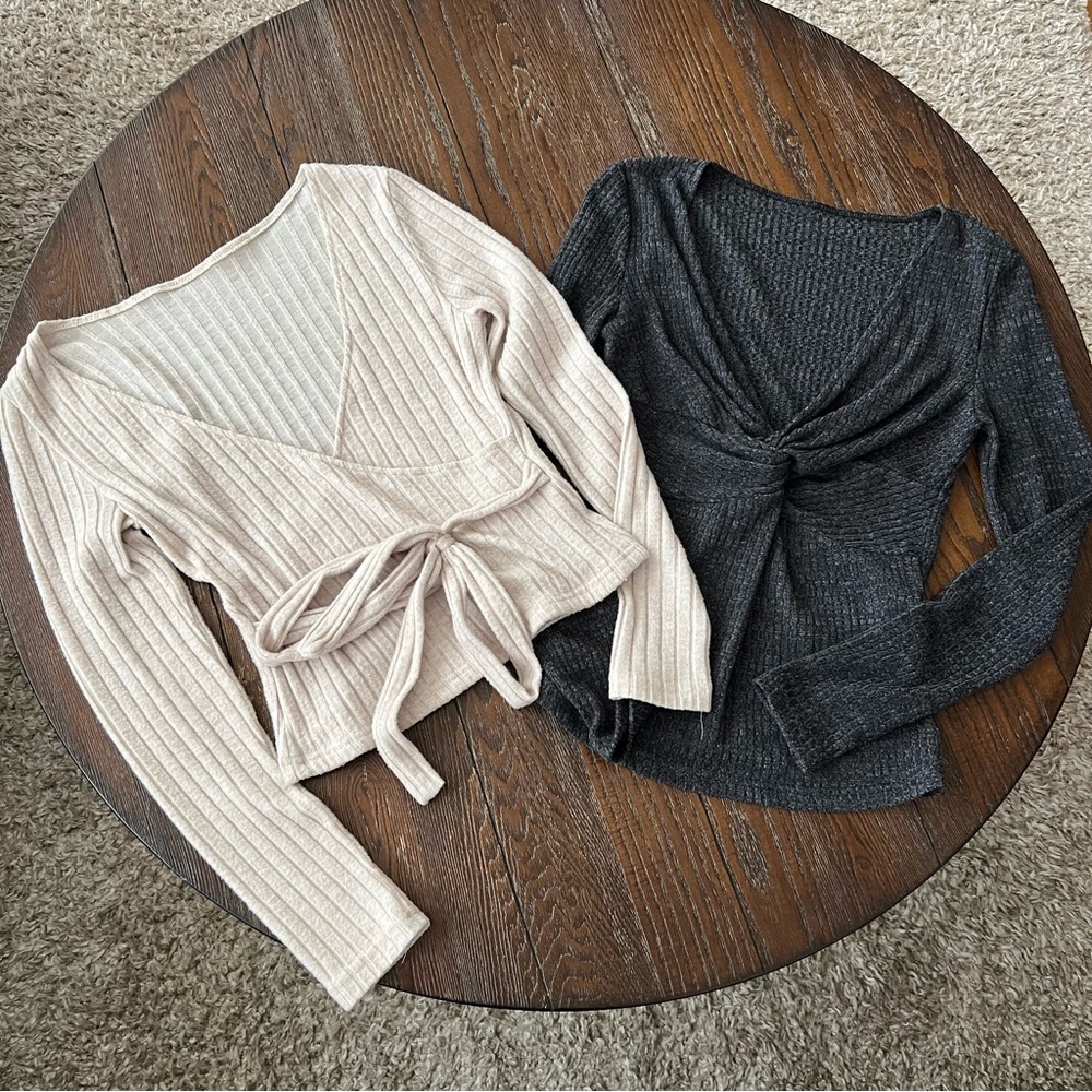 Pair of SHEIN Women's Ribbed Deep V-Neck Long Sleeve Shirts- Cream and Gray
